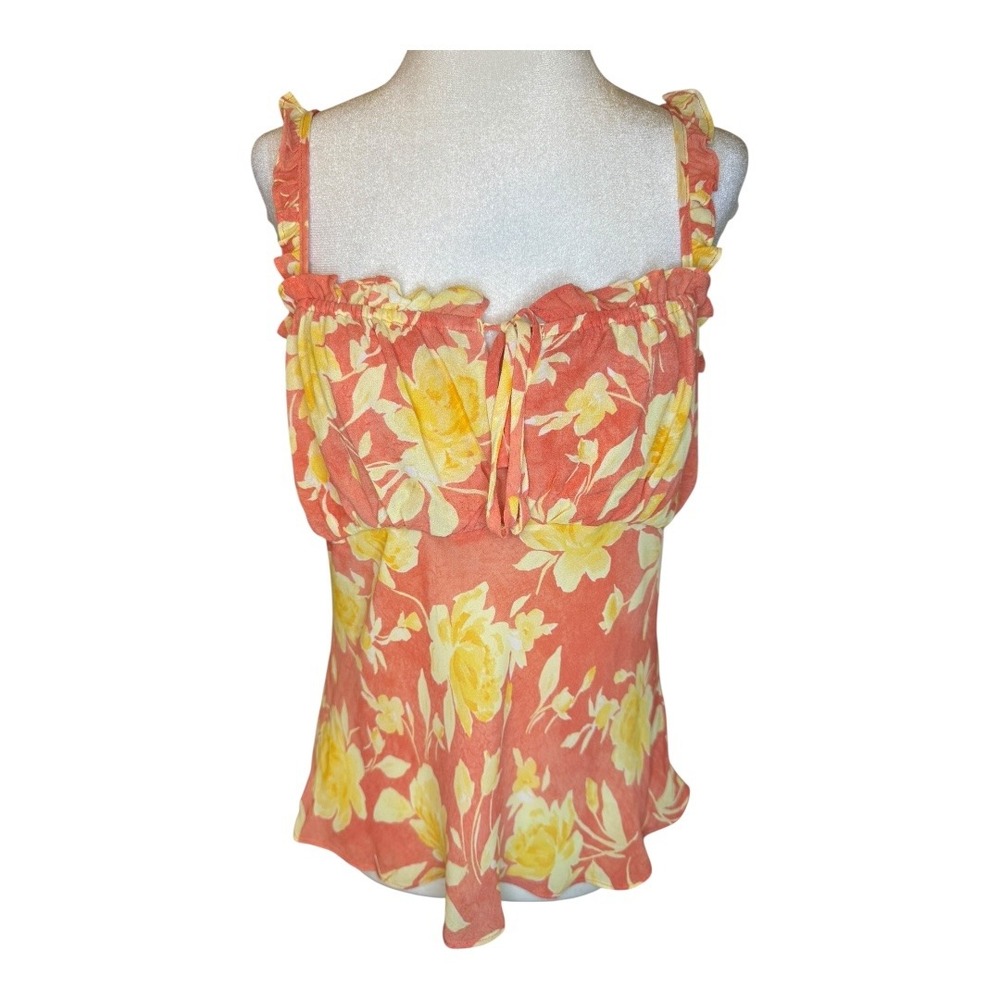 WAYF Floral Ruffle Cami Top Women's Medium Coral Yellow Sleeveless Nordstrom NWT